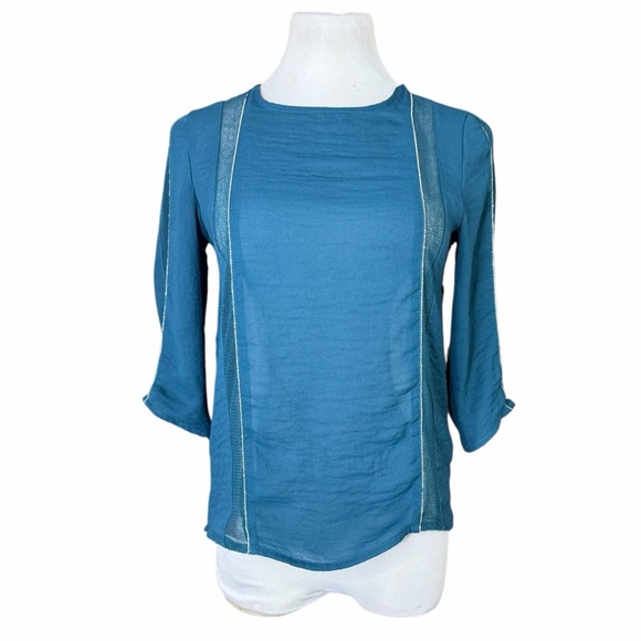 Zara W&B Collection Teal Sheer Mesh Panel Keyhole Back 3/4 Sleeve Blouse - Small - Picture 3 of 16